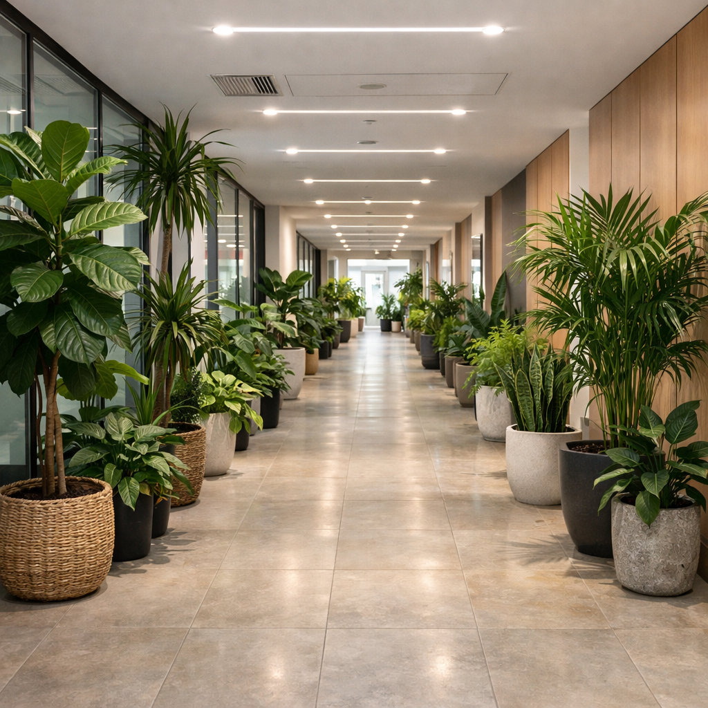 A long indoor hallway decorated with various indoor plants in decorative pots.