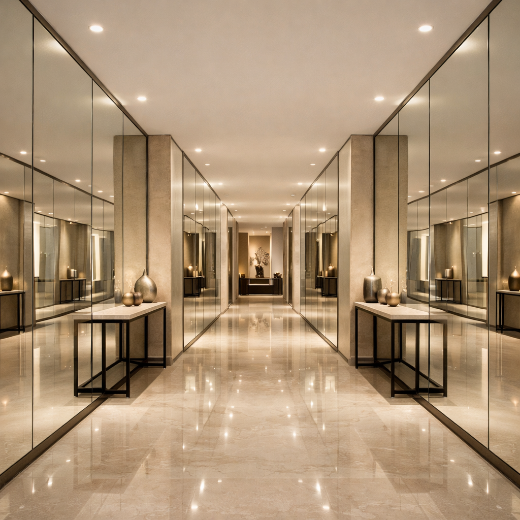 A long hallway featuring mirrored walls and soft lighting, with decorative vases on a console table