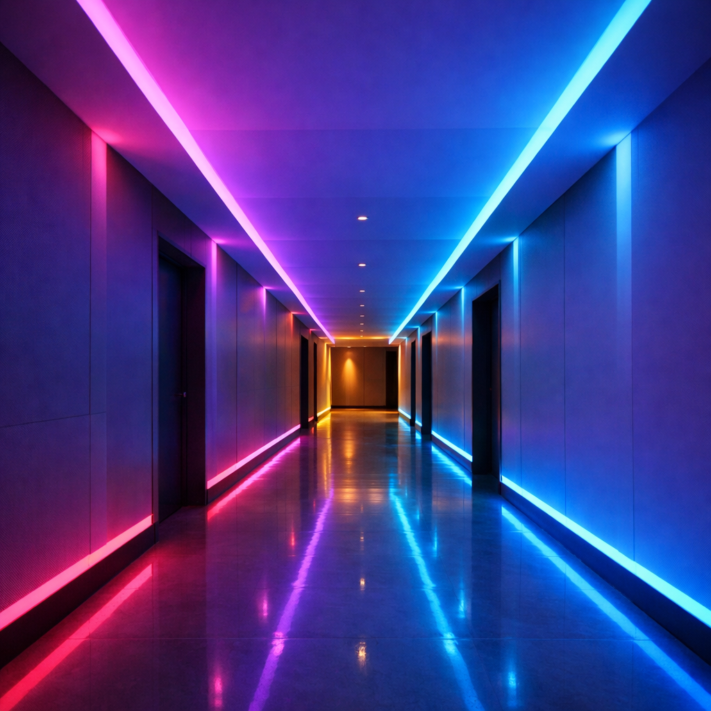 A long hallway with vibrant LED mood lighting in various colors.