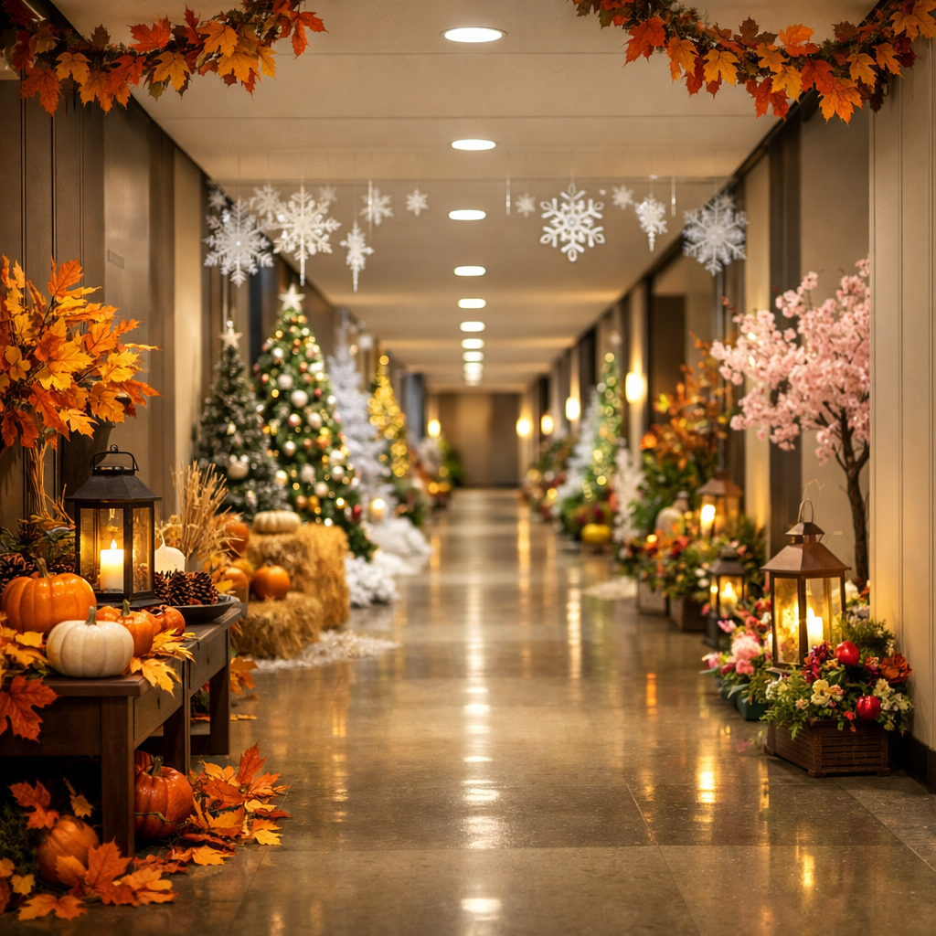 A long hallway decorated for seasonal displays featuring autumn leaves, pumpkins, and winter trees.