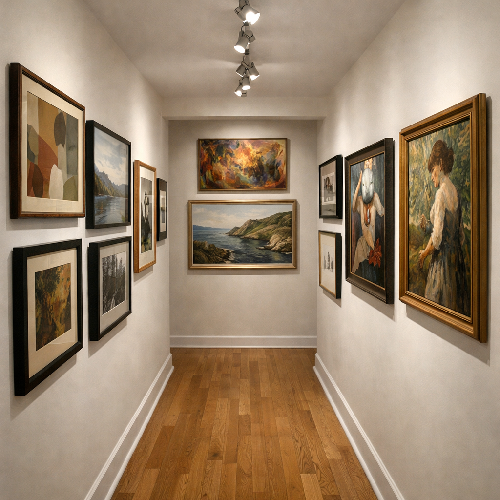 A small hallway decorated with various framed artworks, creating an art gallery wall.