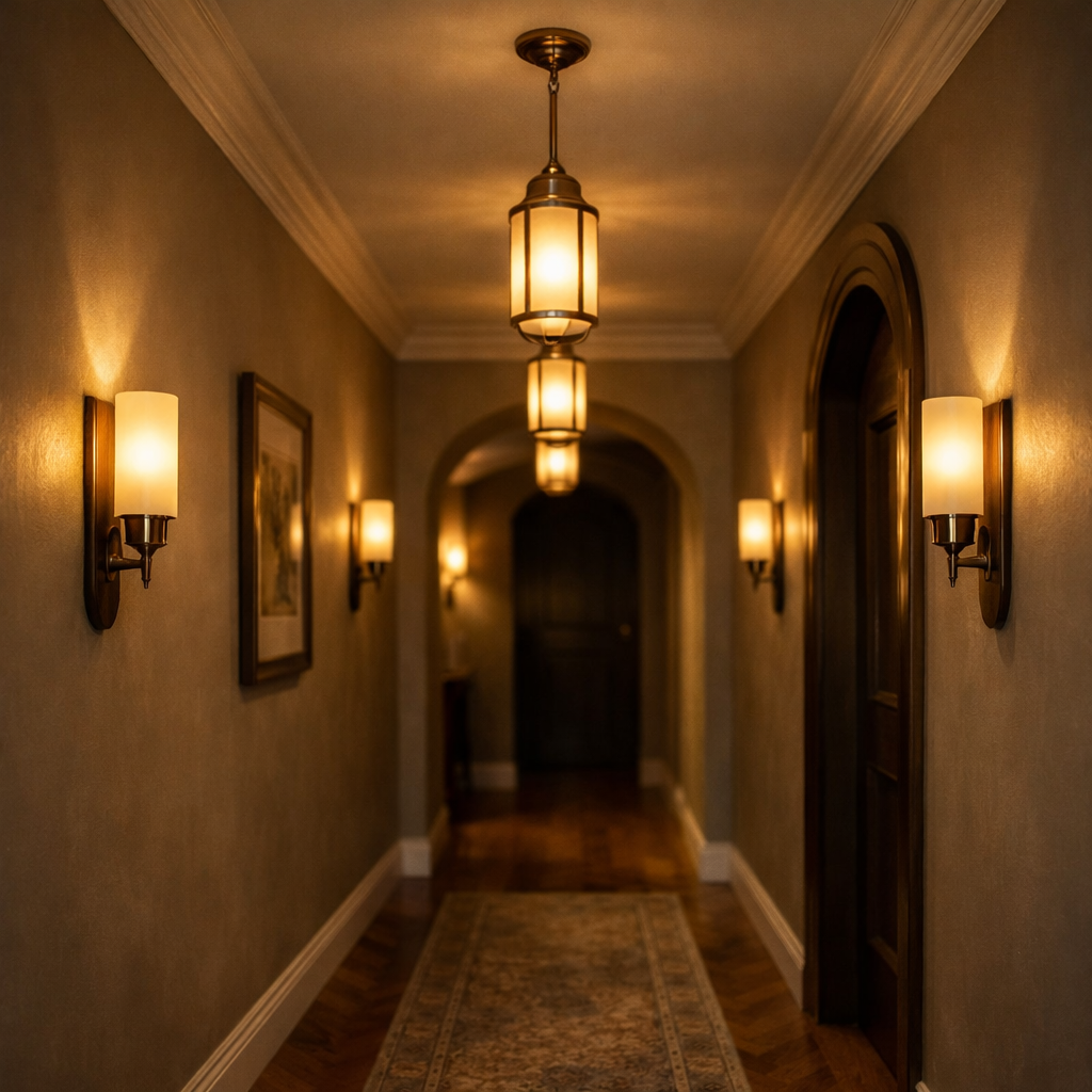 A well-lit small hallway featuring wall sconces and pendant lighting.