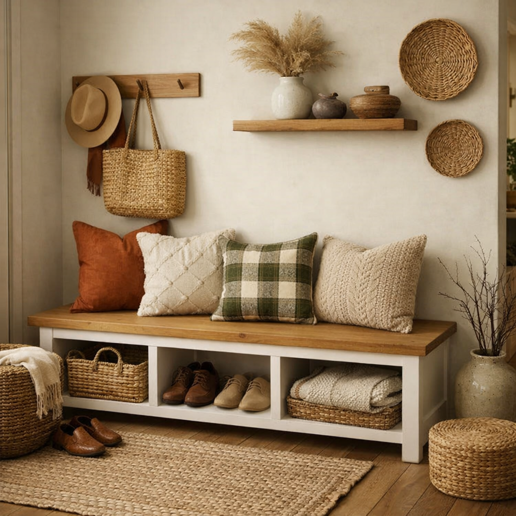 A cozy bench in a small hallway with decorative pillows, storage baskets, and wall decor.