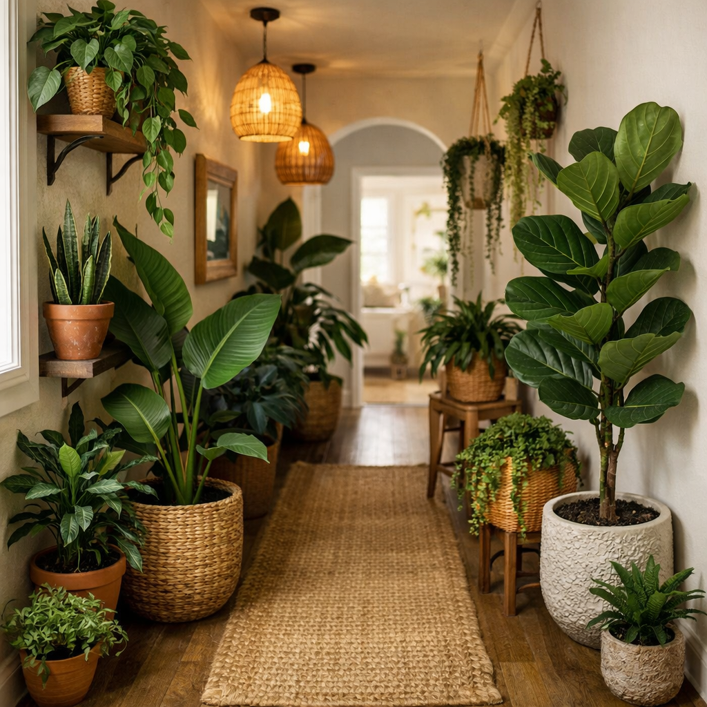 A beautifully decorated hallway featuring various indoor plants in pots and baskets, with natural light and warm lighting fixtures.