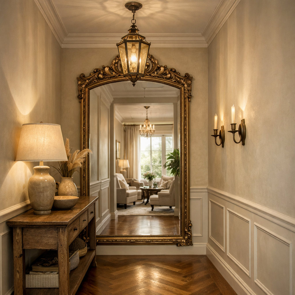 A beautifully decorated hallway featuring a large ornate mirror, warm lighting, and elegant decor.