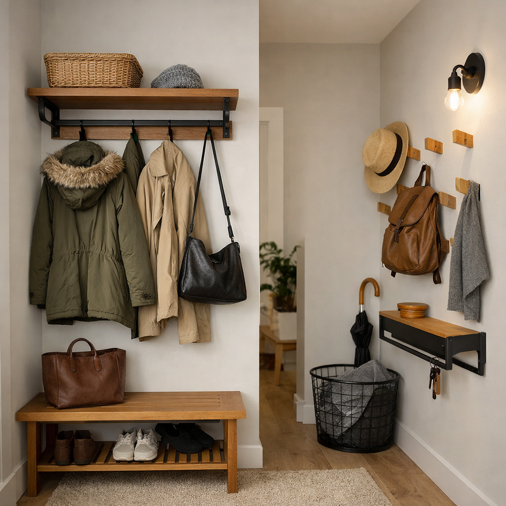 A well-decorated small hallway featuring hooks and a storage rack for coats, bags, and accessories.