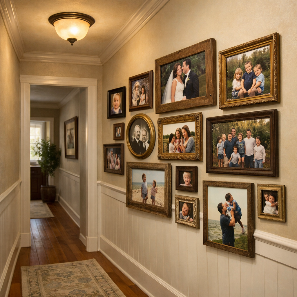 Personalized photo display in a hallway with various framed family pictures