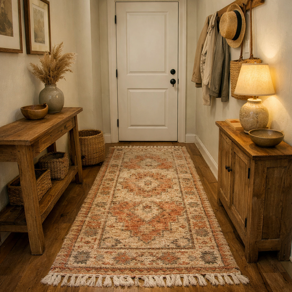 A cozy hallway featuring a textured rug, wooden furniture, and warm lighting.