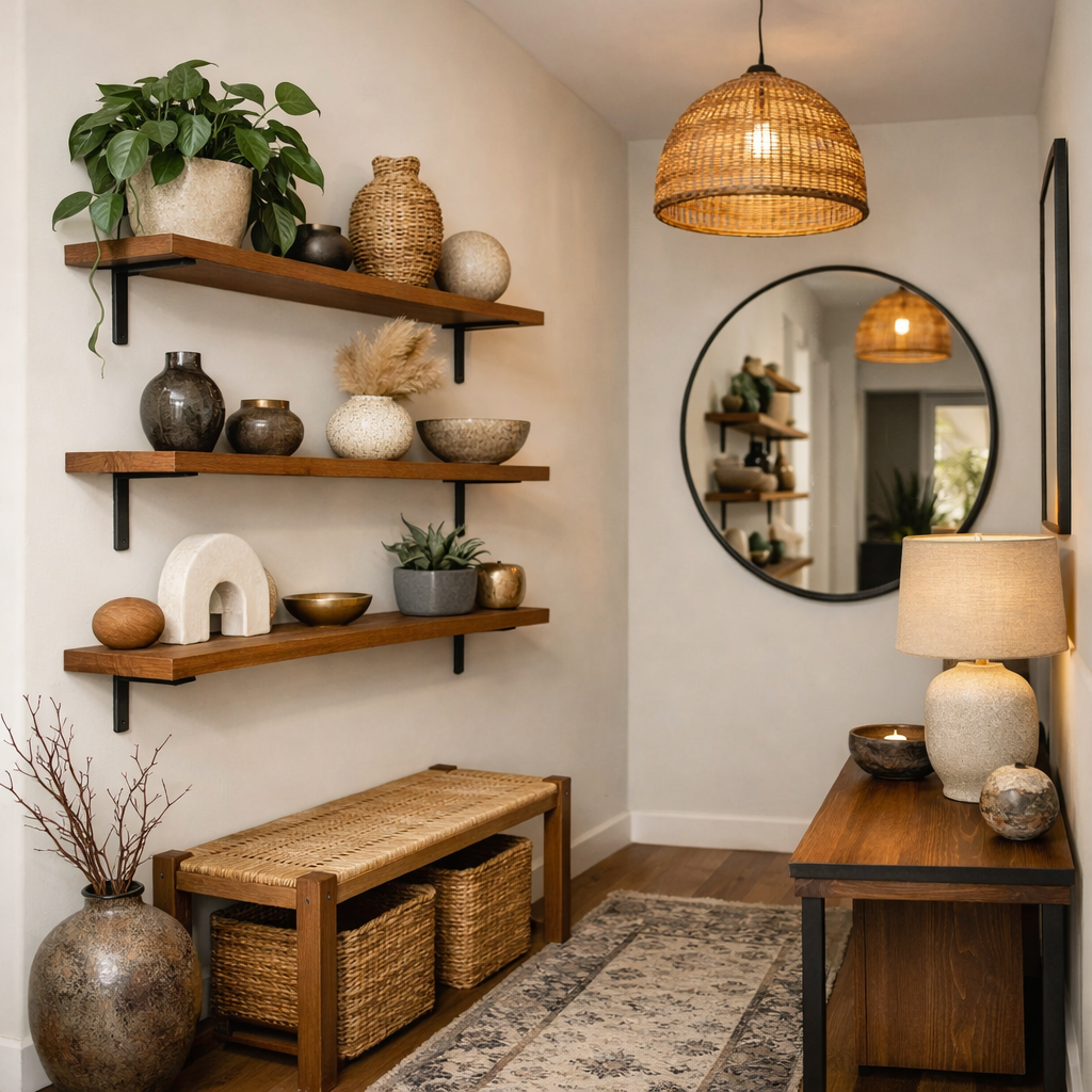 A stylish hallway with wall-mounted shelves displaying various decor items, a bench, and a mirror.
