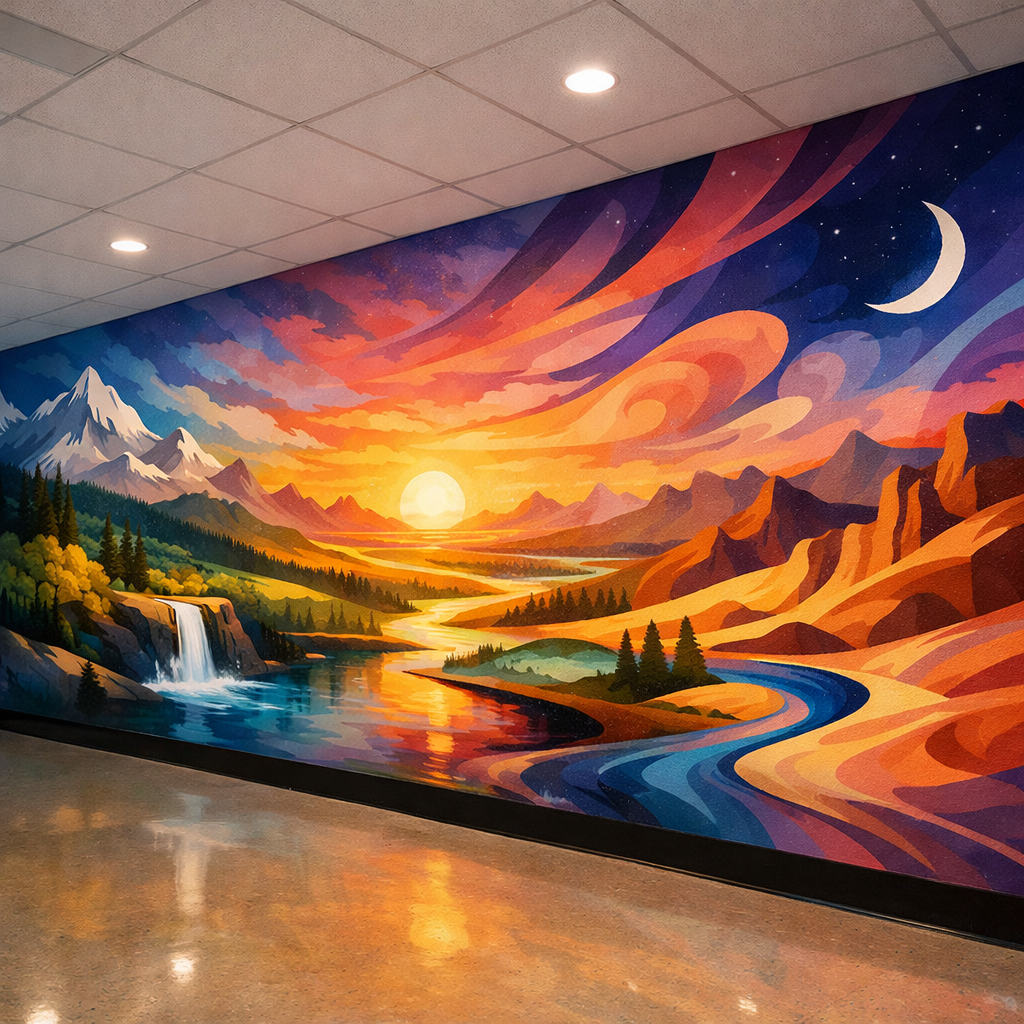 A vibrant mural depicting a sunset over mountains and a river in a hallway.