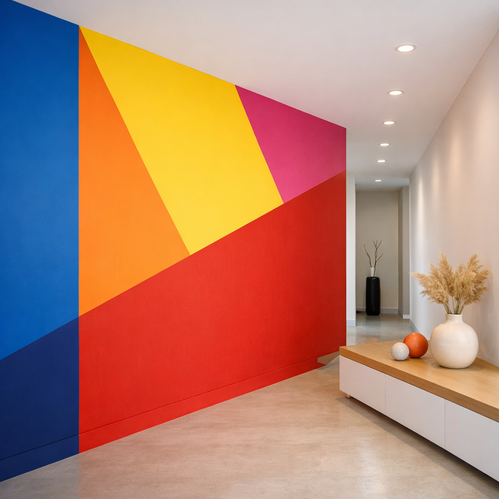 A hallway featuring a bold color-blocked accent wall in blue, orange, yellow, pink, and red.