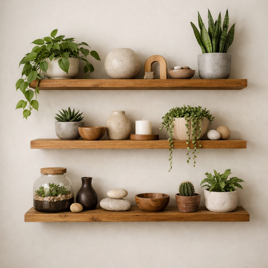 Elegant floating shelves decorated with various plants and decorative items.