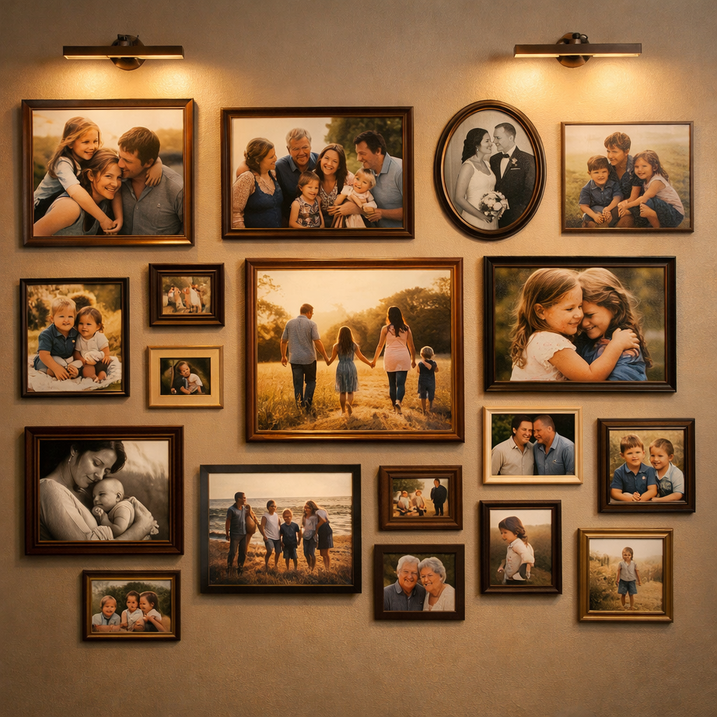 A gallery wall showcasing a collection of family photographs in various wooden frames, illuminated by wall sconces.