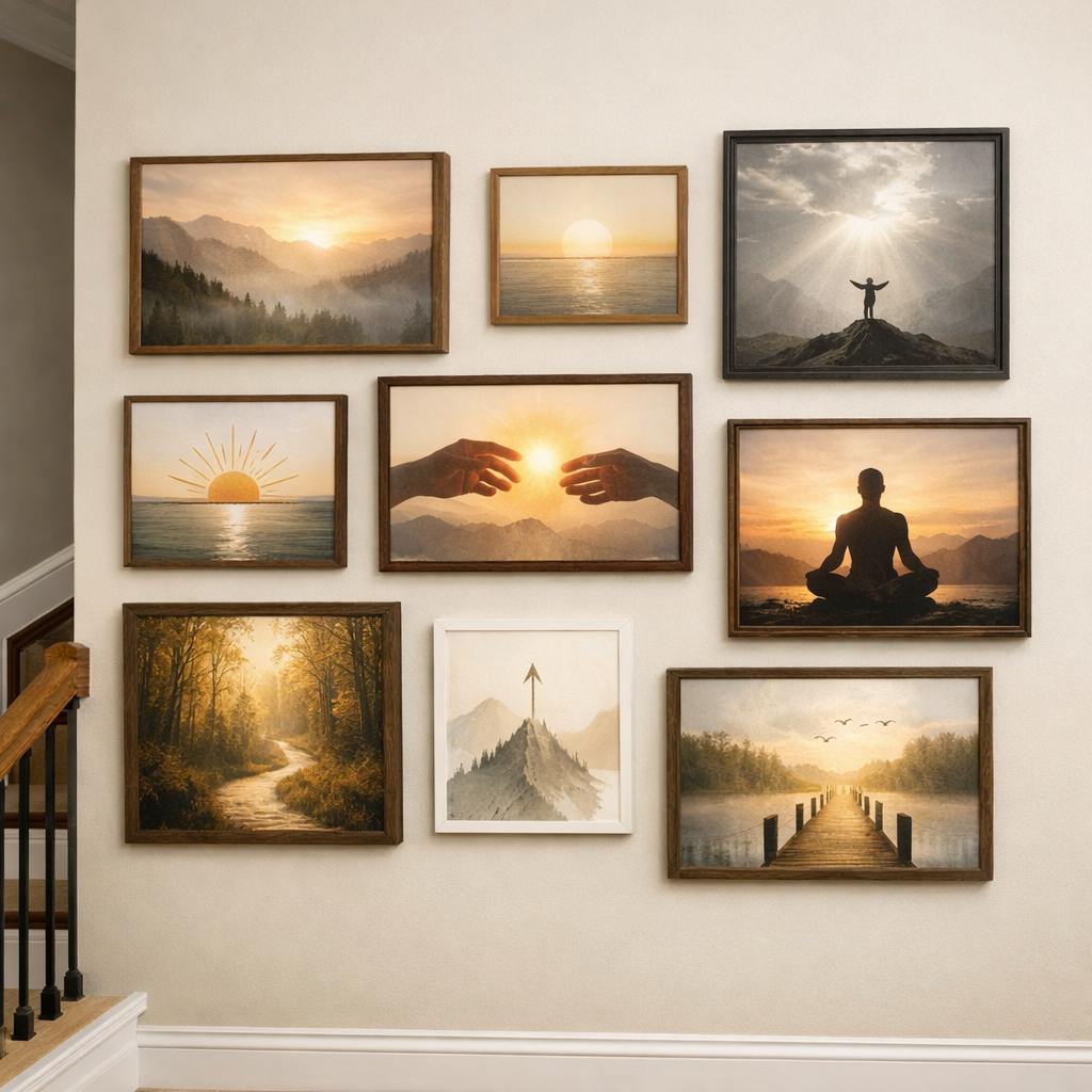 A collection of inspirational quote wall art featuring serene landscapes and calming figures in a hallway.
