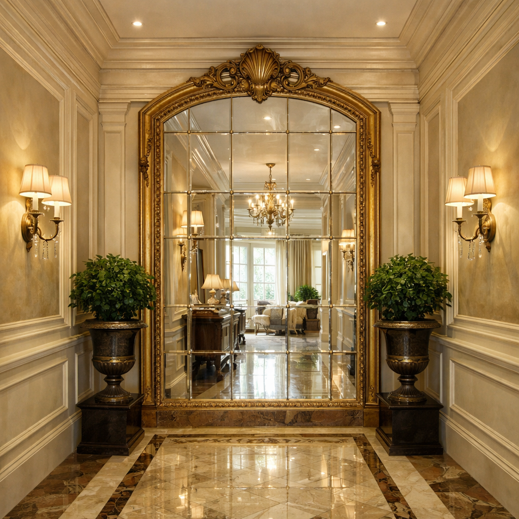 An elegant hallway with a grand mirrored wall and decorative plants.