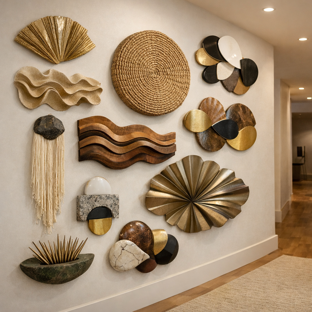 A wall featuring an assortment of sculptural wall hangings in various materials and shapes.