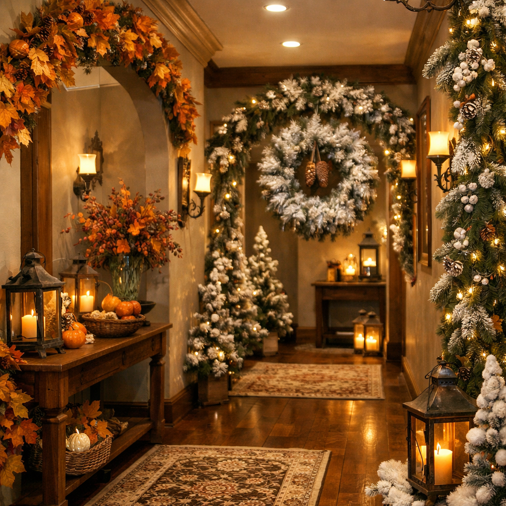 A beautifully decorated hallway showcasing autumn and winter decor with leaves, pumpkins, frosted trees, and lanterns.