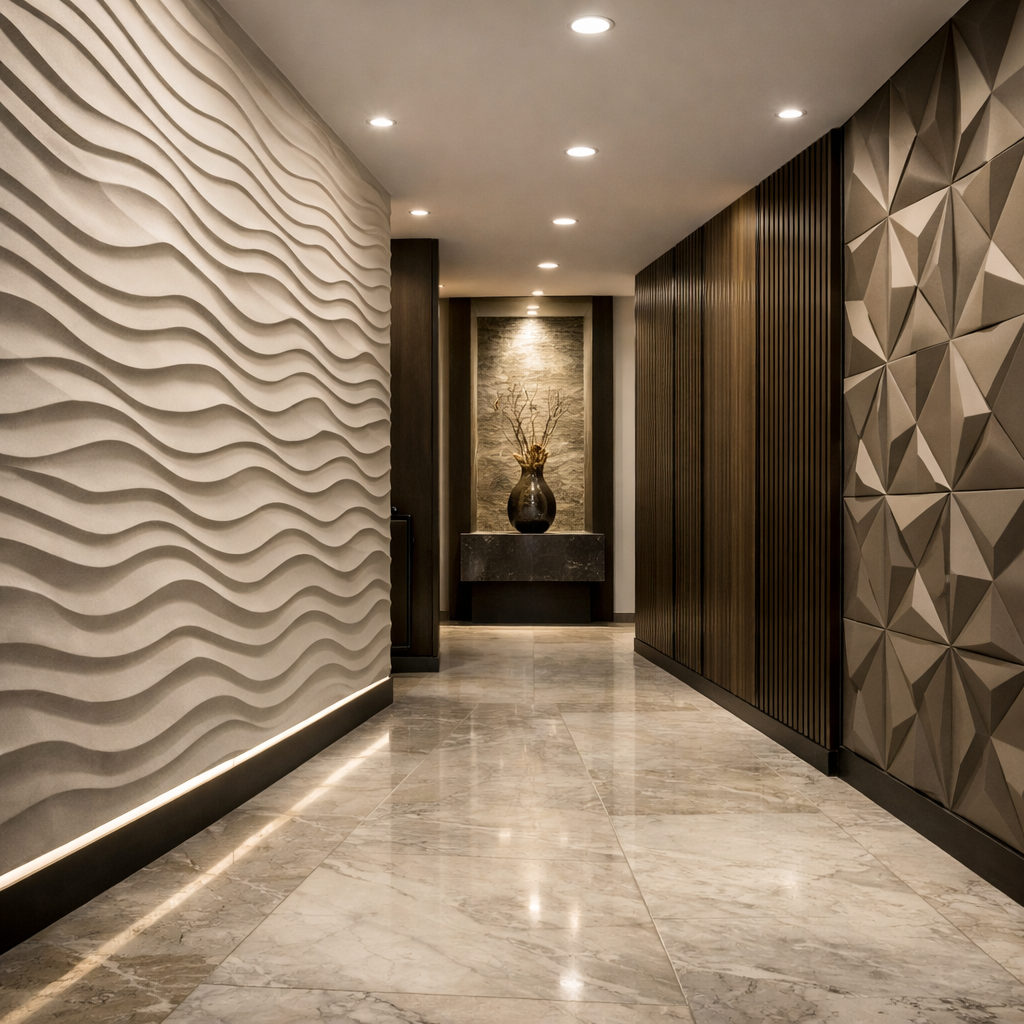 A modern hallway featuring textured wall panels with wavy and geometric designs.