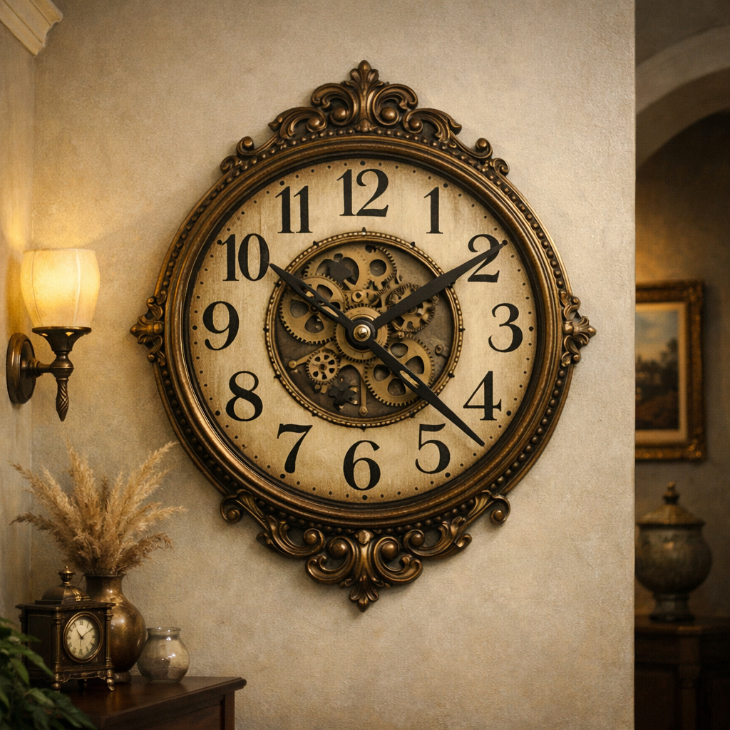 A vintage wall clock on a hallway wall, framed with intricate designs and surrounded by soft lighting.