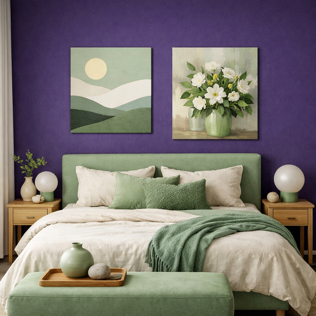 A bedroom featuring a deep purple accent wall with green furnishings and floral artwork.