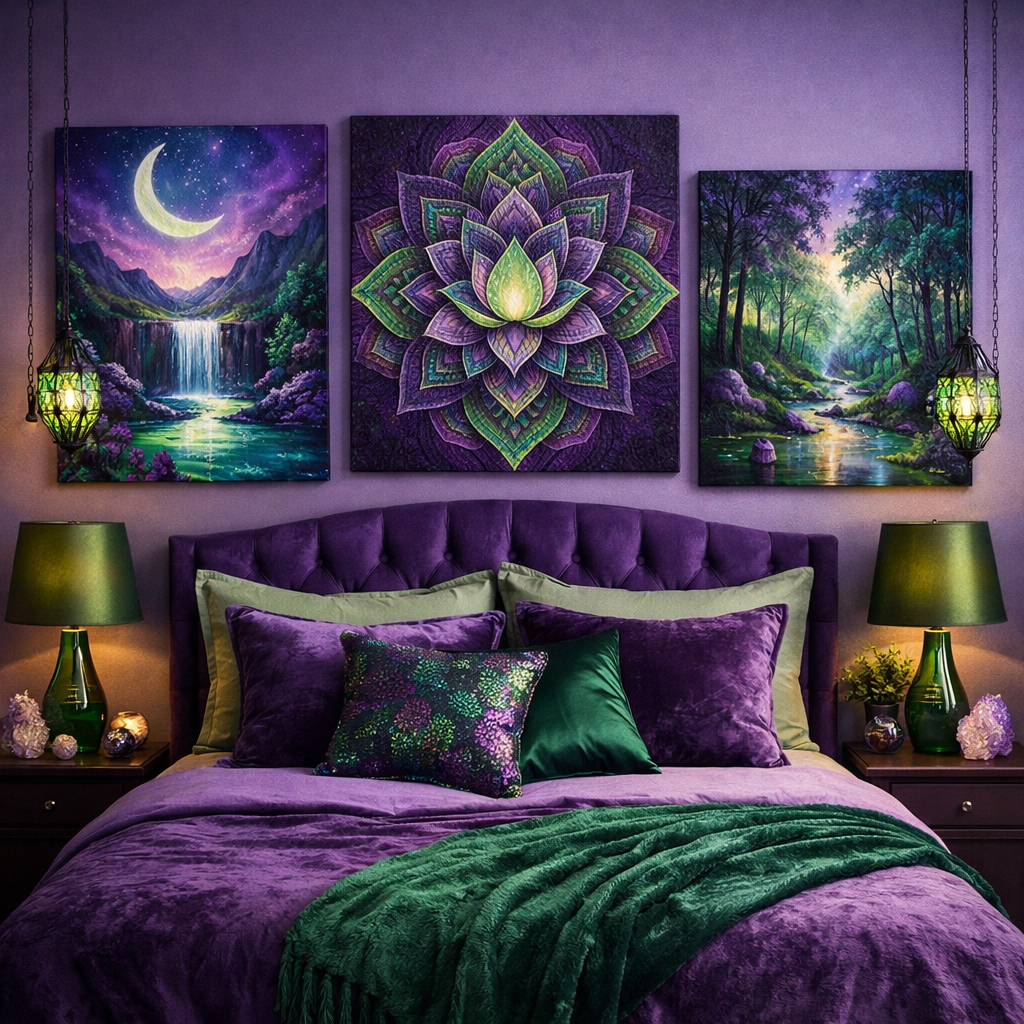 A purple and green bedroom featuring three artworks, a plush bed with matching pillows, and decorative lamps