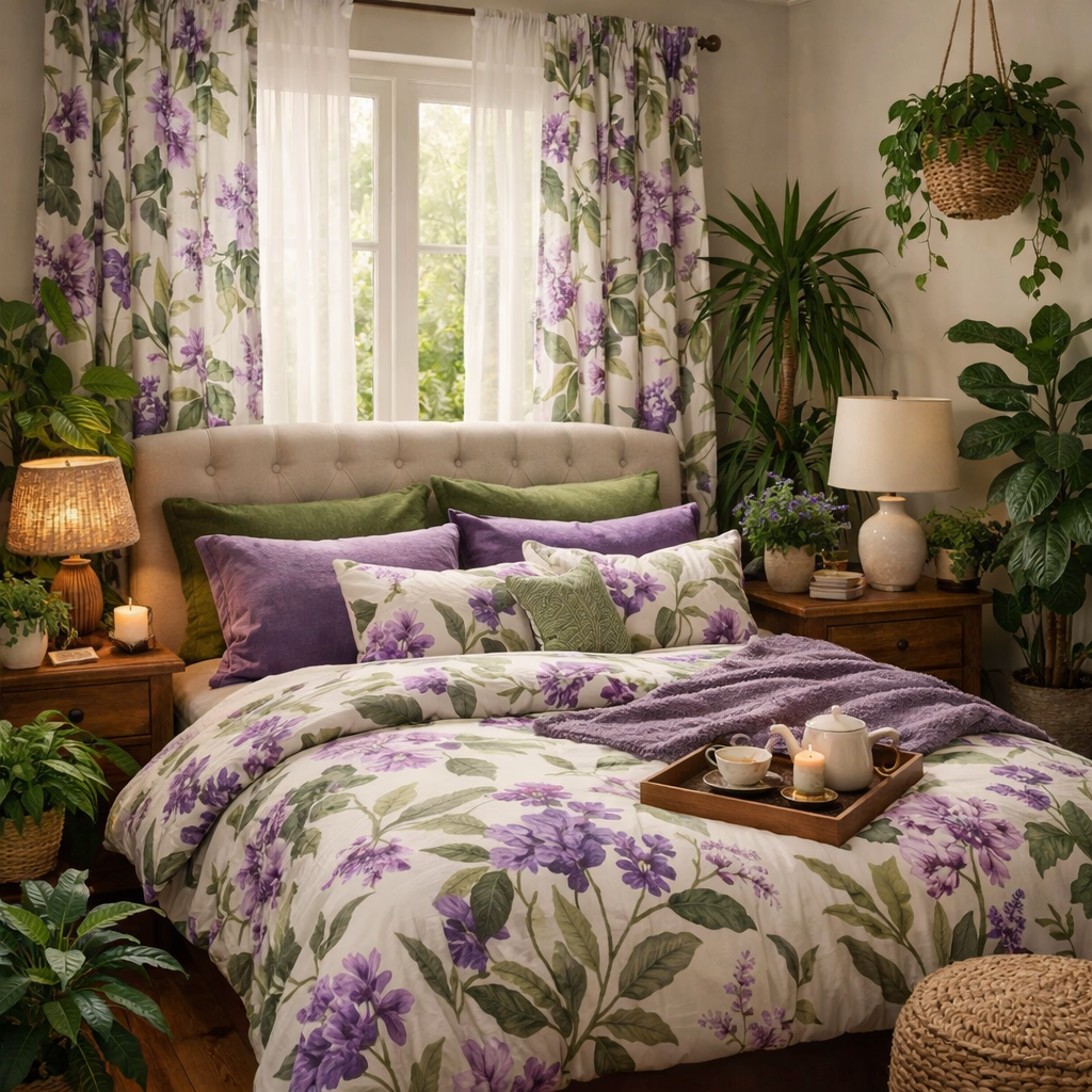 A stylish bedroom with botanical prints featuring purple flowers and green pillows, complemented by plants and warm lighting.