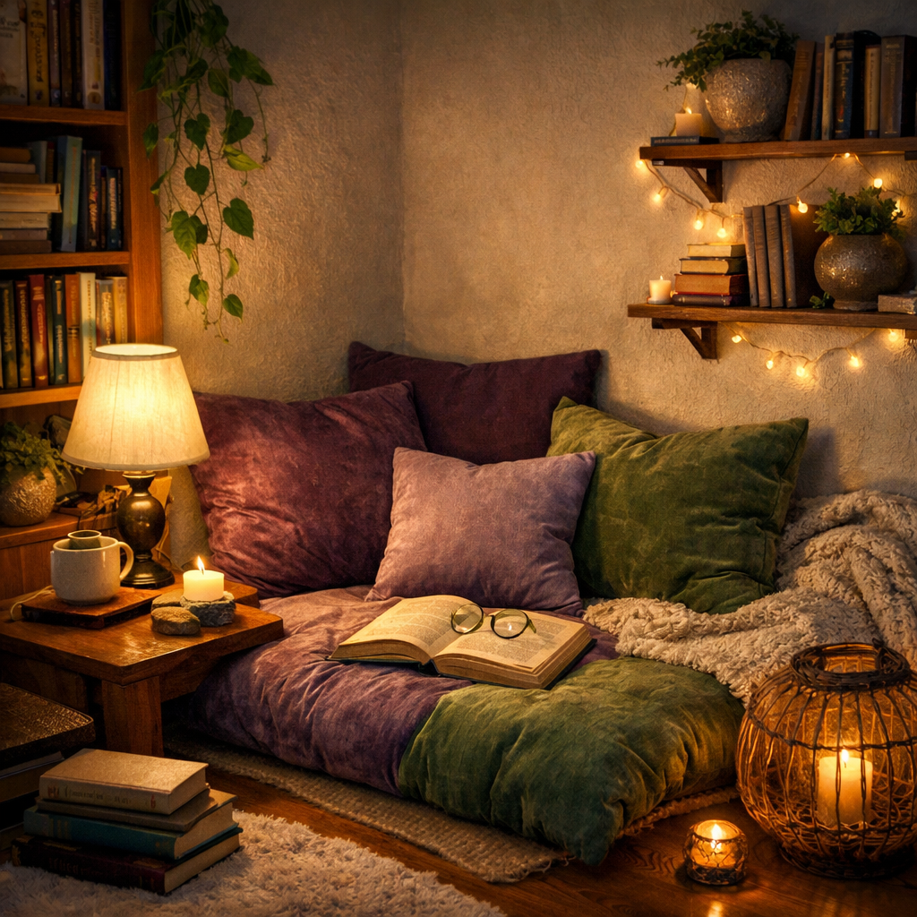 Cozy reading nook with purple and green cushions, a book, and warm lighting