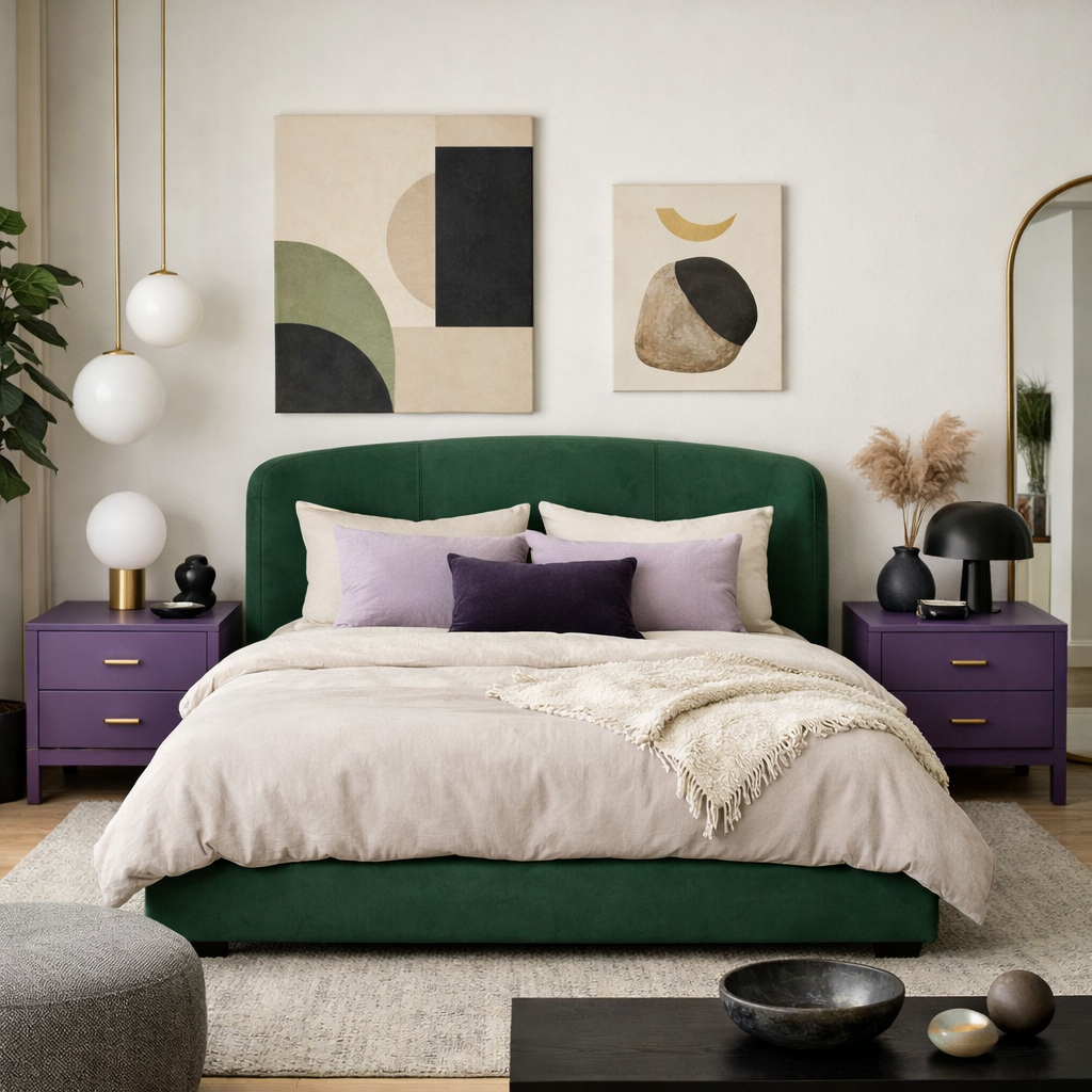 A modern bedroom featuring a green bed, purple nightstands, and abstract wall art.