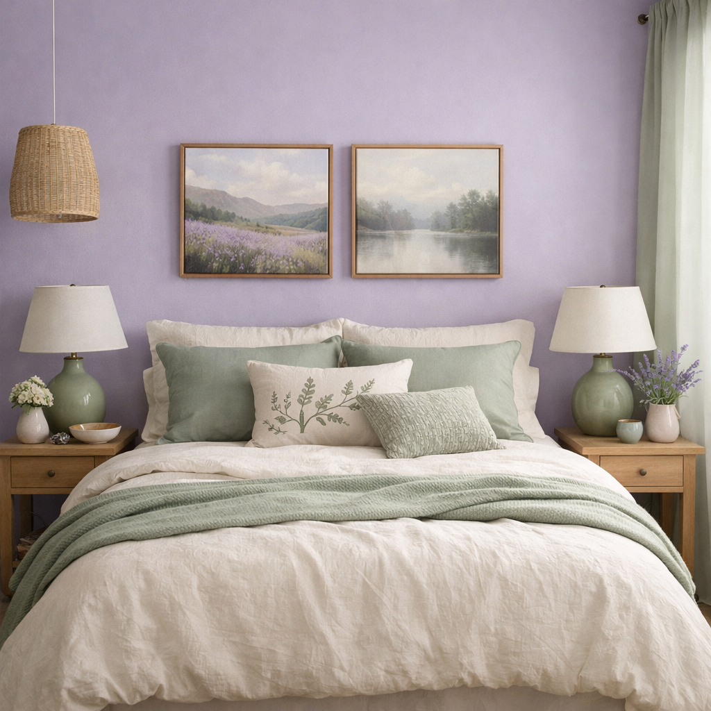 A soothing bedroom featuring lavender walls, sage bedding, and soft decor accents.