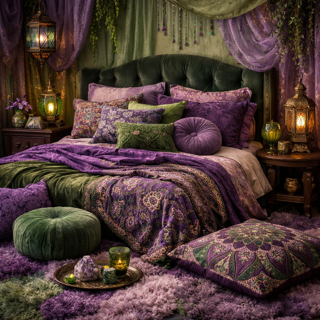 A beautifully styled purple and green bedroom featuring layered textures and patterns.