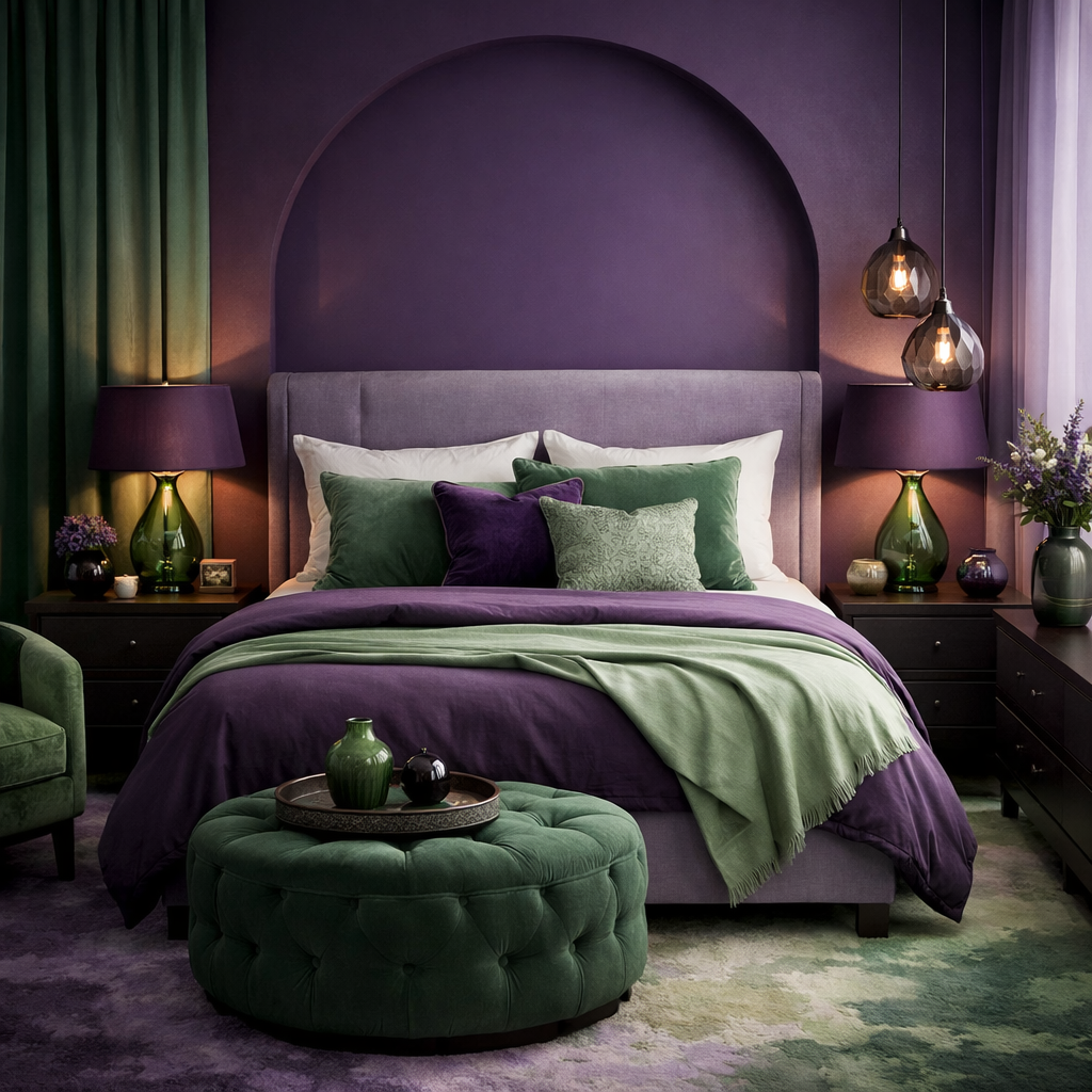 A beautifully designed purple and green bedroom featuring a cozy bed, layered textures, and stylish lighting.