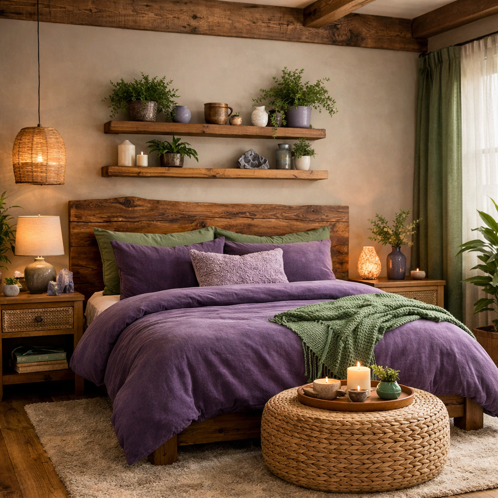 A cozy purple and green bedroom featuring natural decor elements like plants and wood.