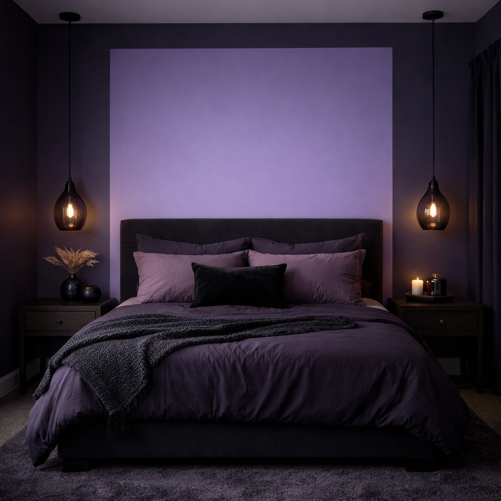 A cozy bedroom featuring an accent wall in light purple with dark purple bedding and warm lighting fixtures.