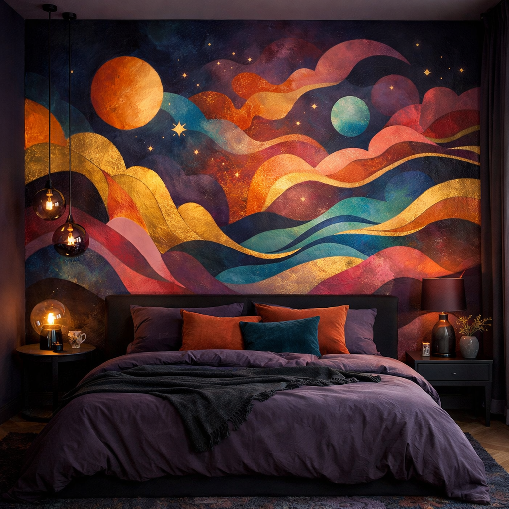 Colorful artistic mural in a dark purple bedroom, featuring swirls of blue, orange, and gold.