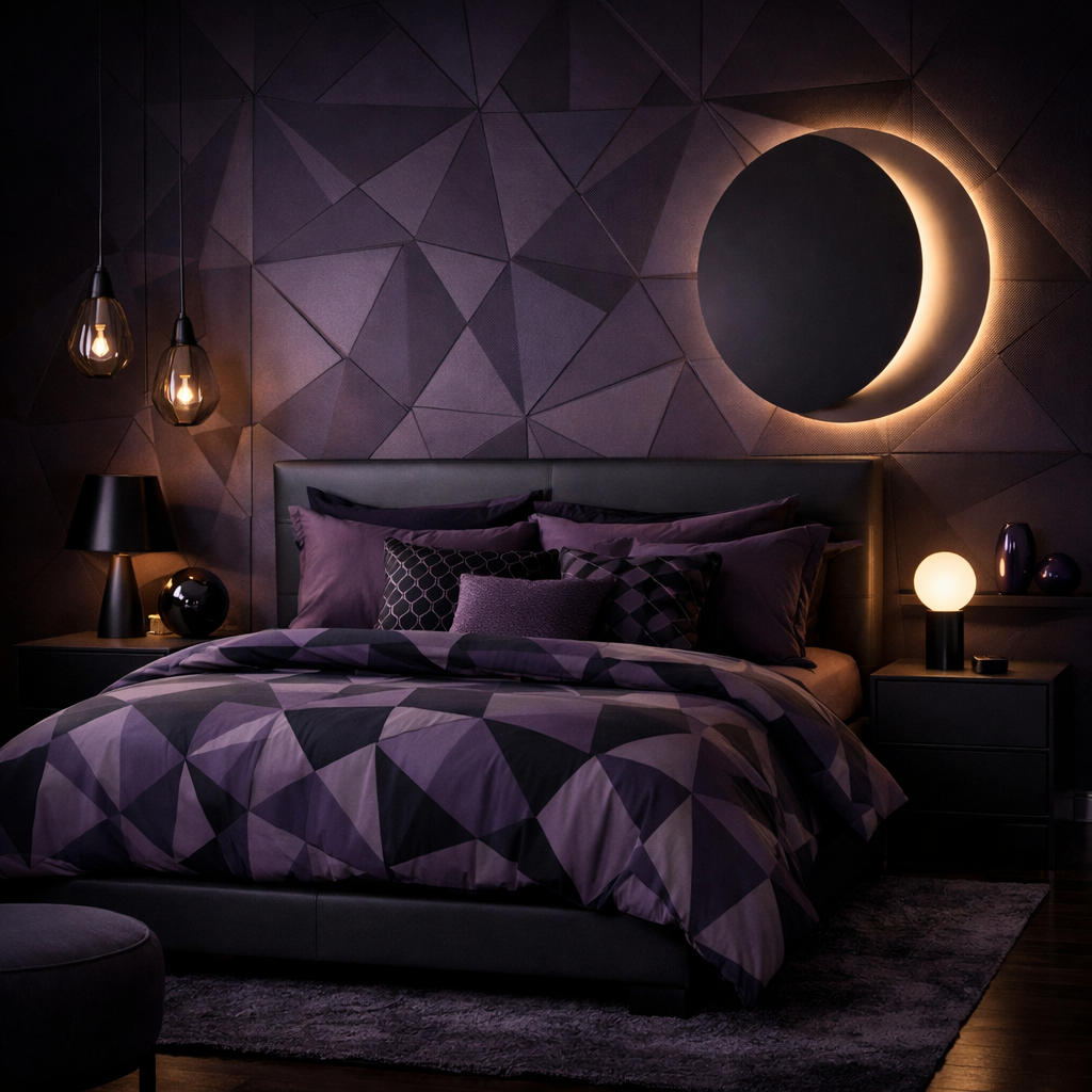 A modern dark purple bedroom featuring a geometric patterned duvet and textured wall.