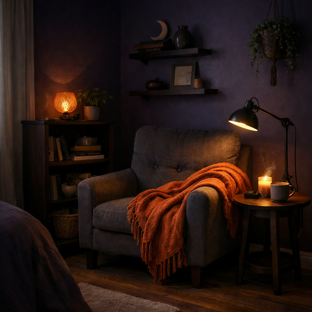 Cozy reading nook with a grey armchair, an orange blanket, a side table with a candle and a mug, set against a dark purple wall.