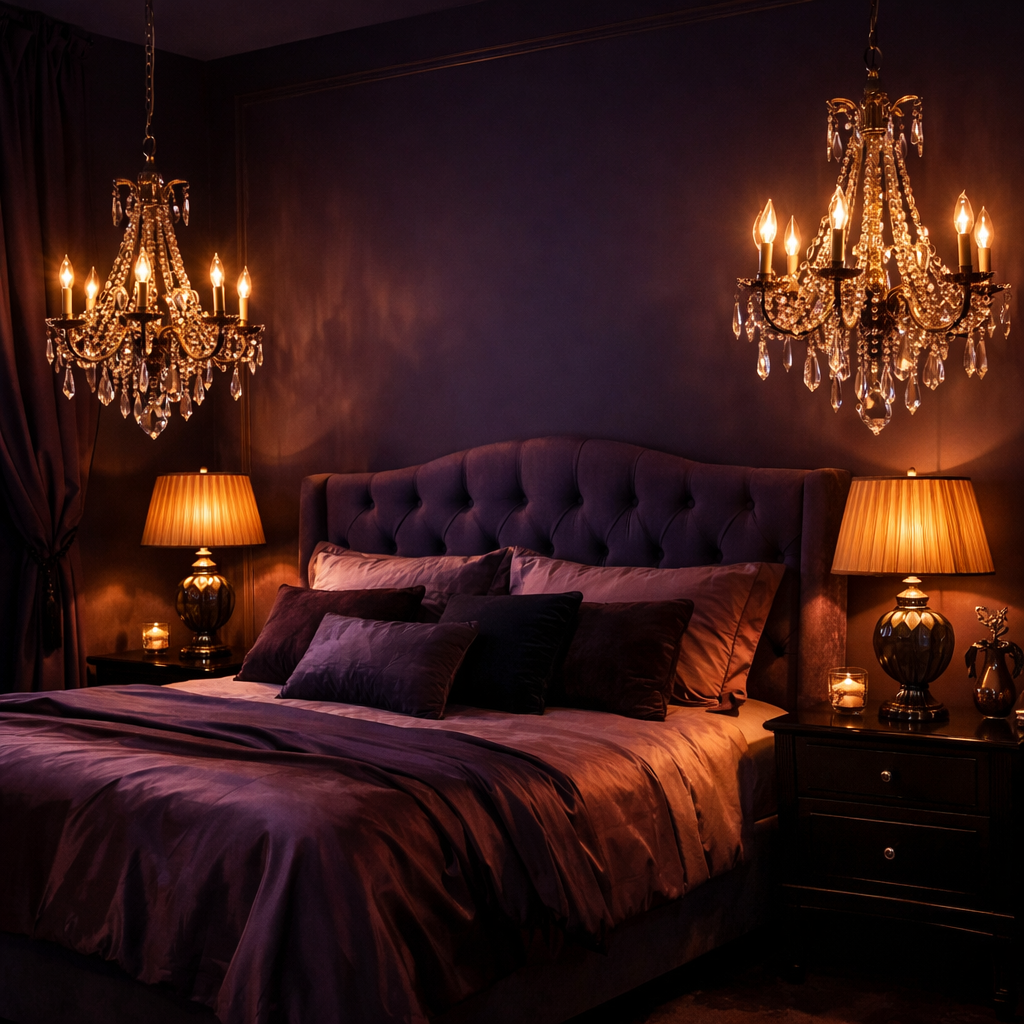 Elegant dark purple bedroom with chandeliers and lamps