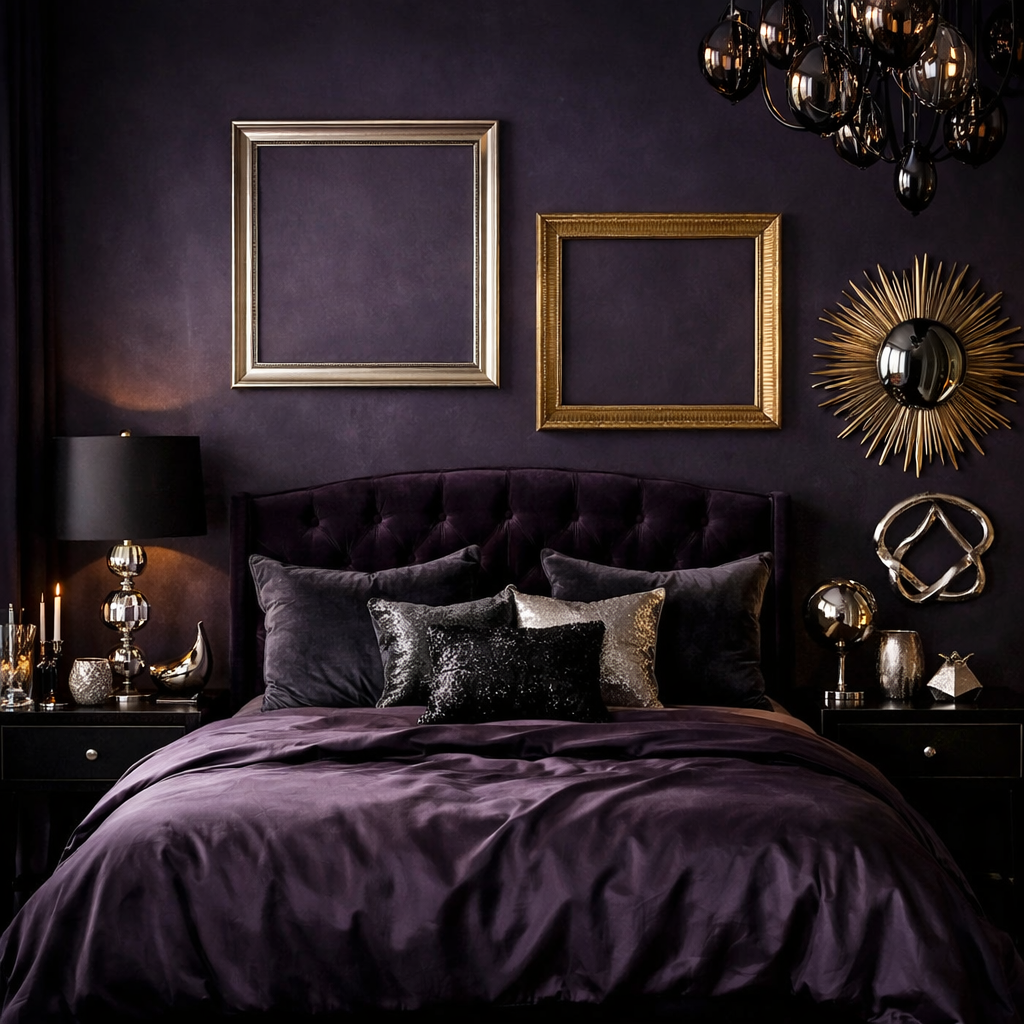 A stylish dark purple bedroom featuring metallic accents, including gold and silver decor.