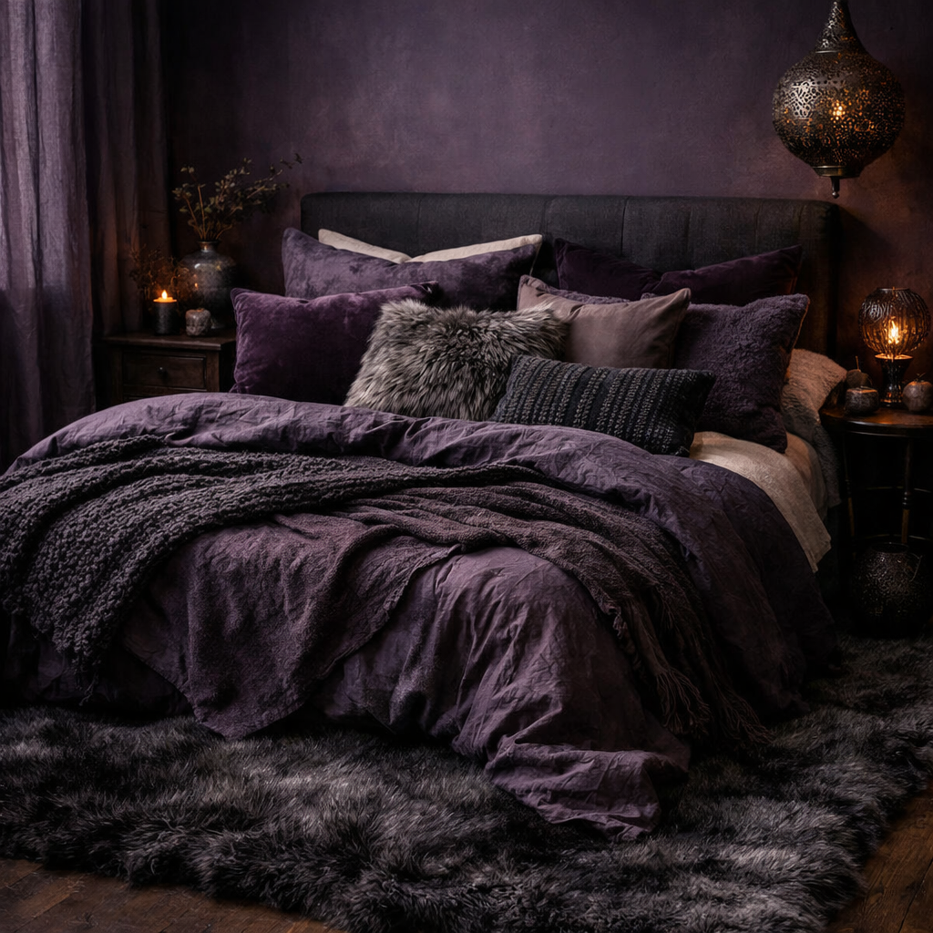 Cozy dark purple bedroom with layered textiles, including various pillows and blankets