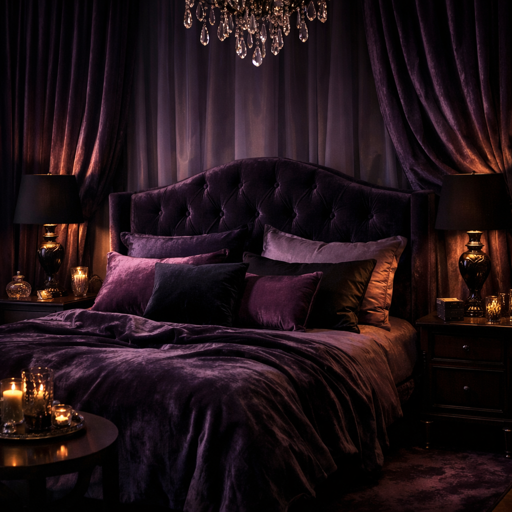 A dark purple velvet bedroom with a luxurious bed, tufted headboard, and elegant lighting.