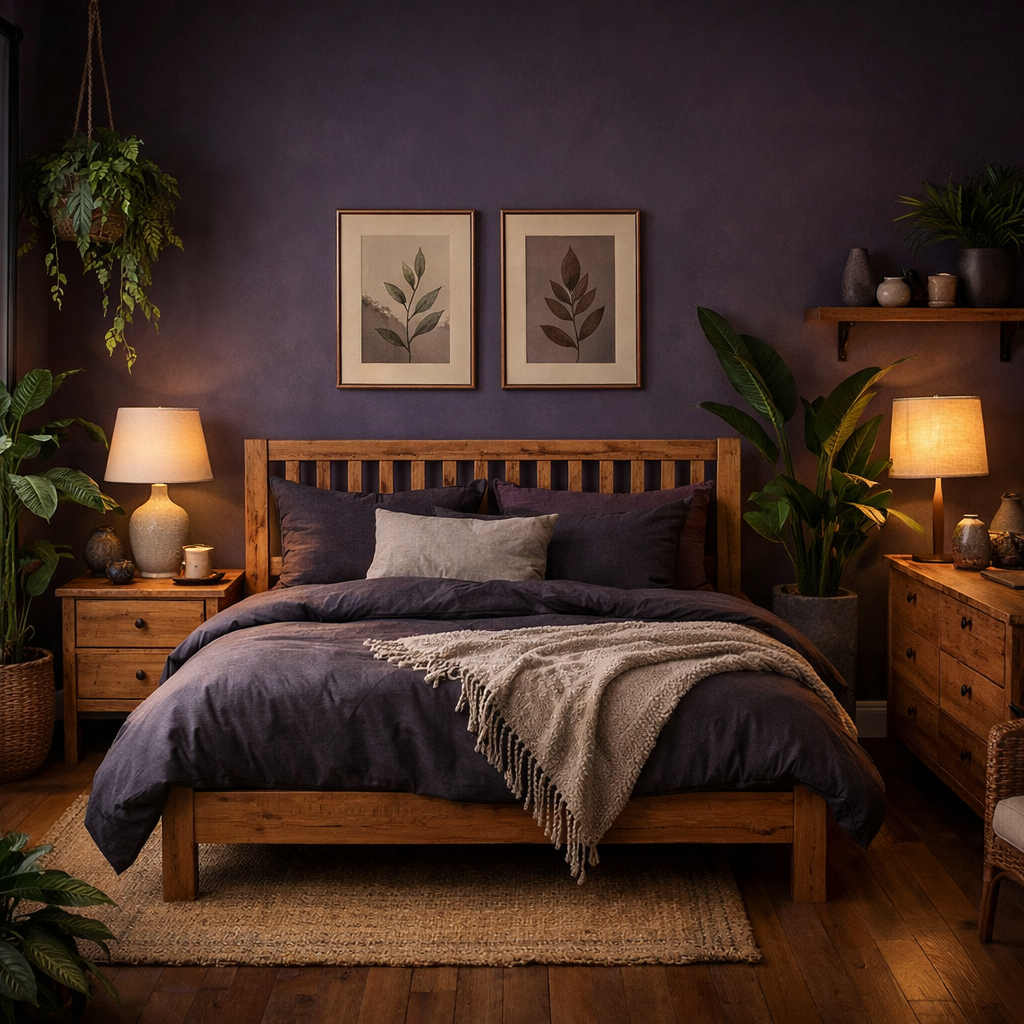 Cozy dark purple bedroom with wooden furniture and plants