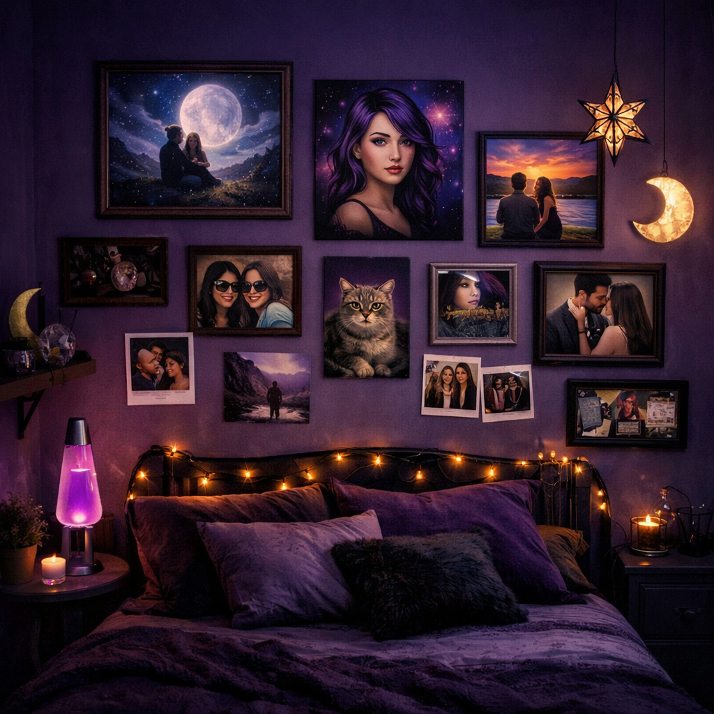 Dark purple bedroom with personalized artwork display on the wall