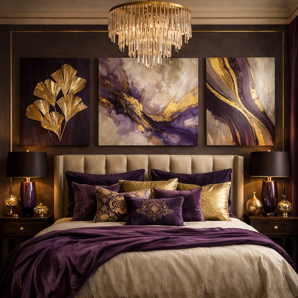Elegant purple and gold bedroom decor with a luxurious bed and artistic wall hangings