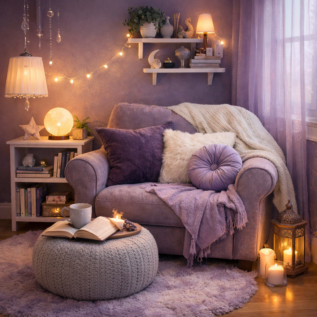 Cozy reading nook with purple accents including a soft couch, pillows, and decorative lights.