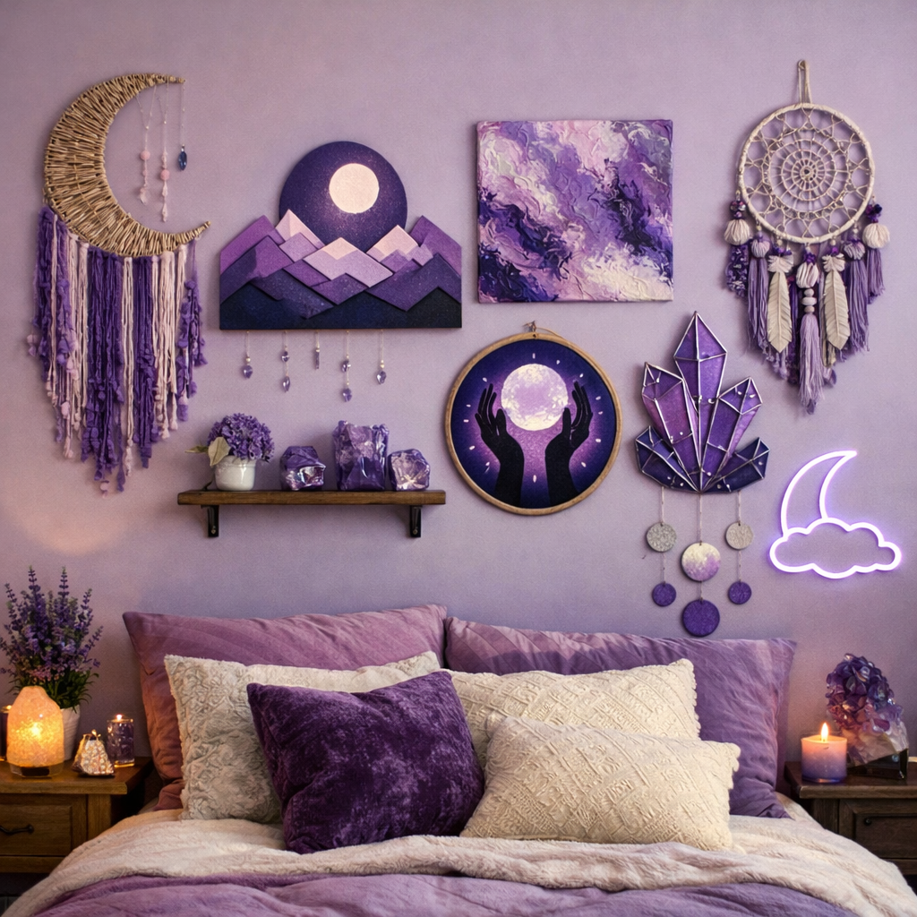 A collection of creative DIY purple wall art in a beautifully decorated bedroom.