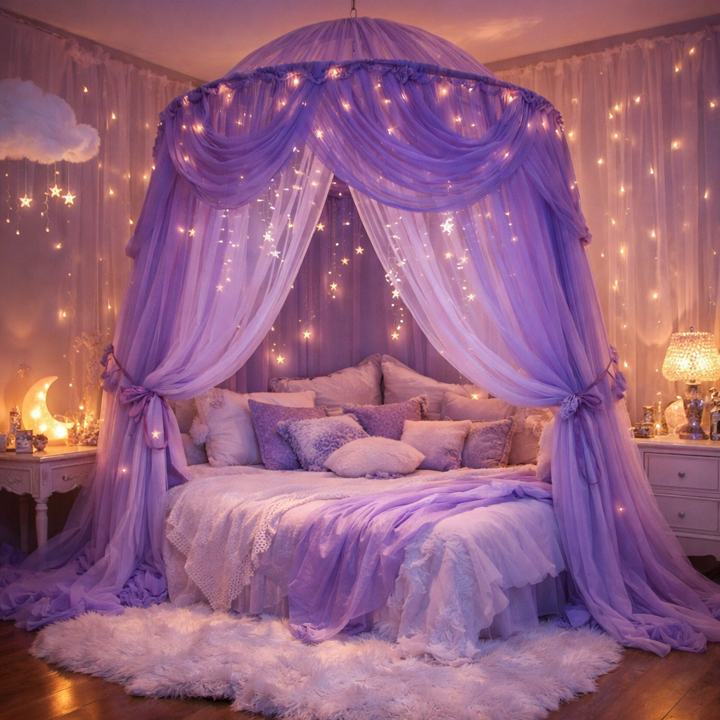 A cozy purple canopy bed adorned with twinkling lights and plush pillows in a dreamy bedroom setting.