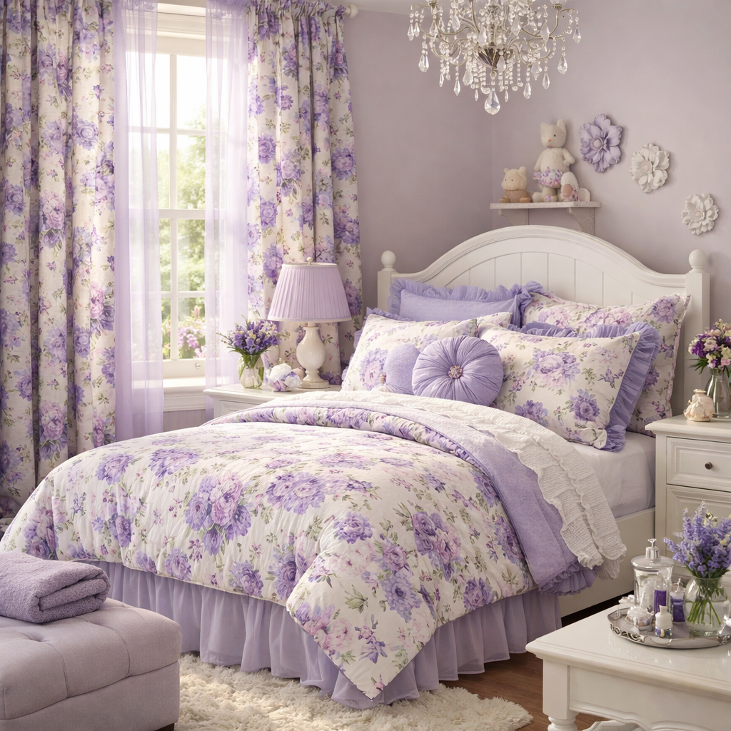 A beautifully decorated purple girls bedroom featuring floral patterns and various textures.