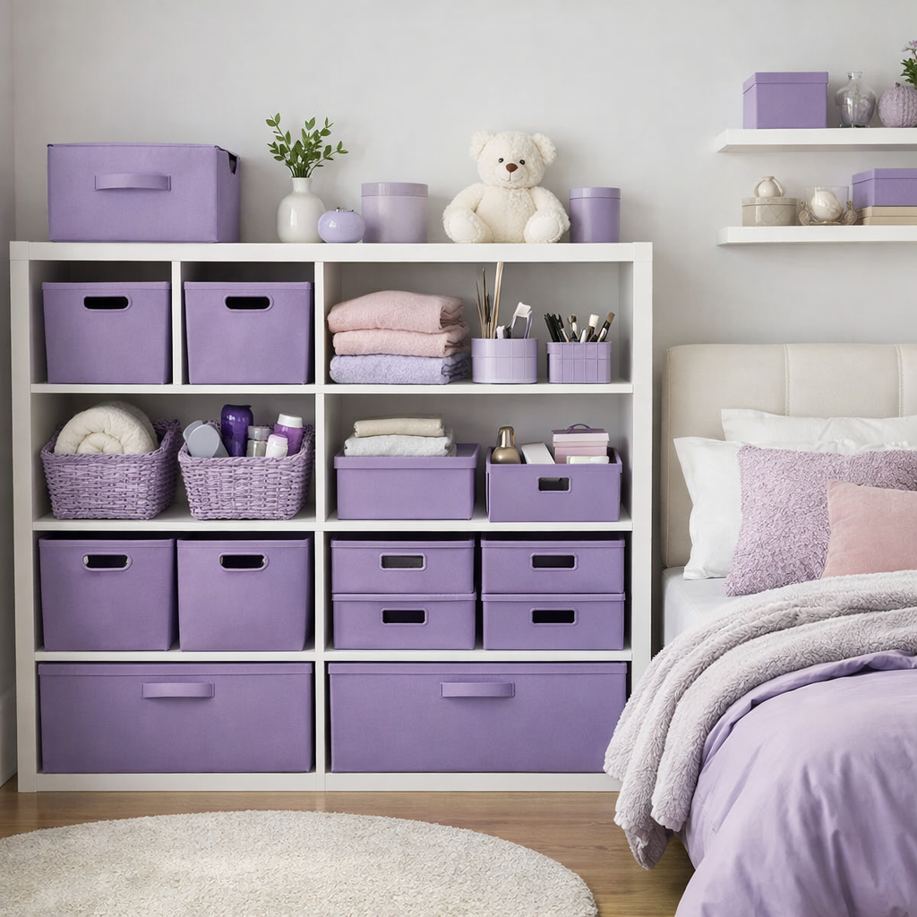 A well-organized purple storage solution in a girl's bedroom featuring a shelving unit with various purple storage bins and textiles.