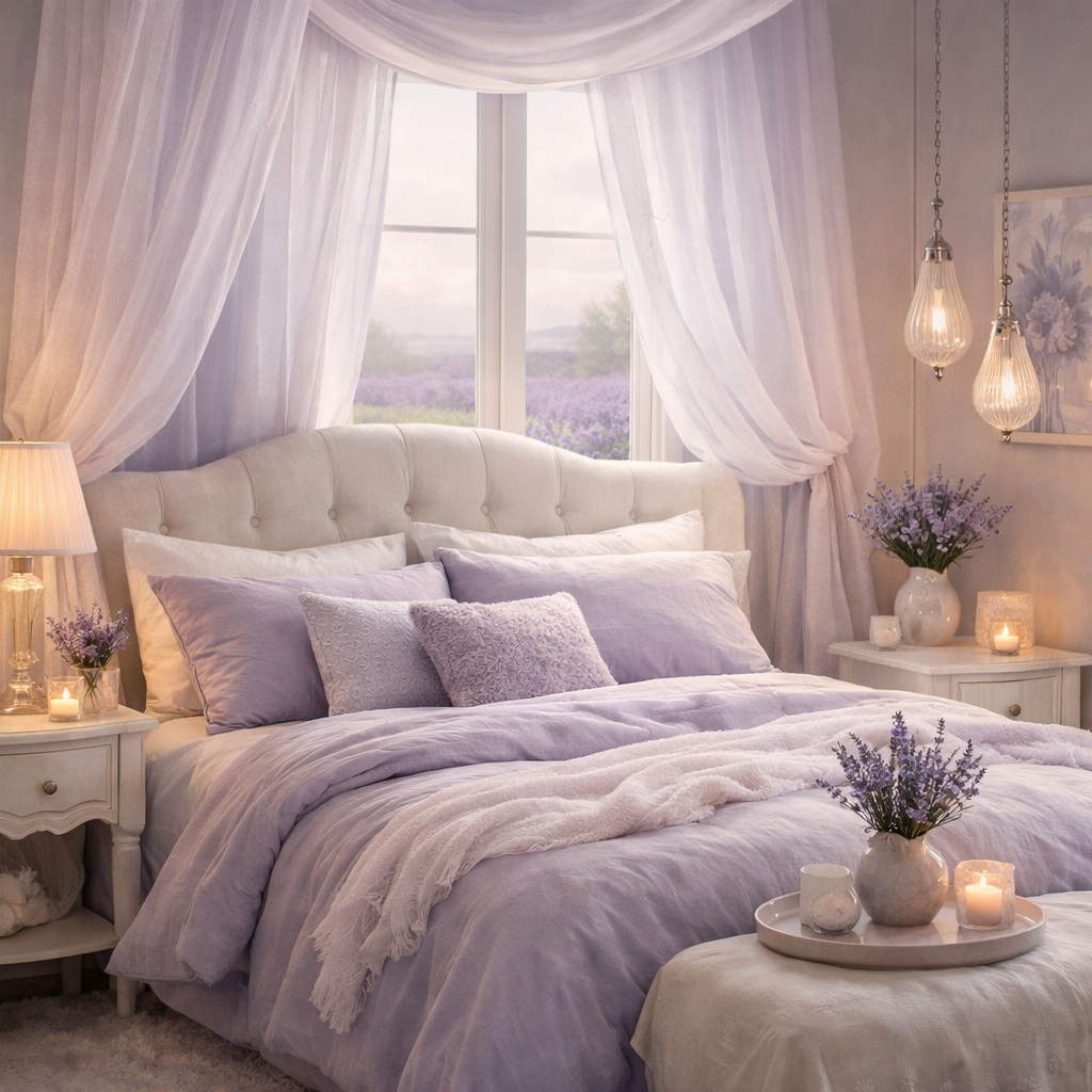 A serene lavender-themed bedroom featuring soft purple linens, sheer curtains, and a view of a lavender field.
