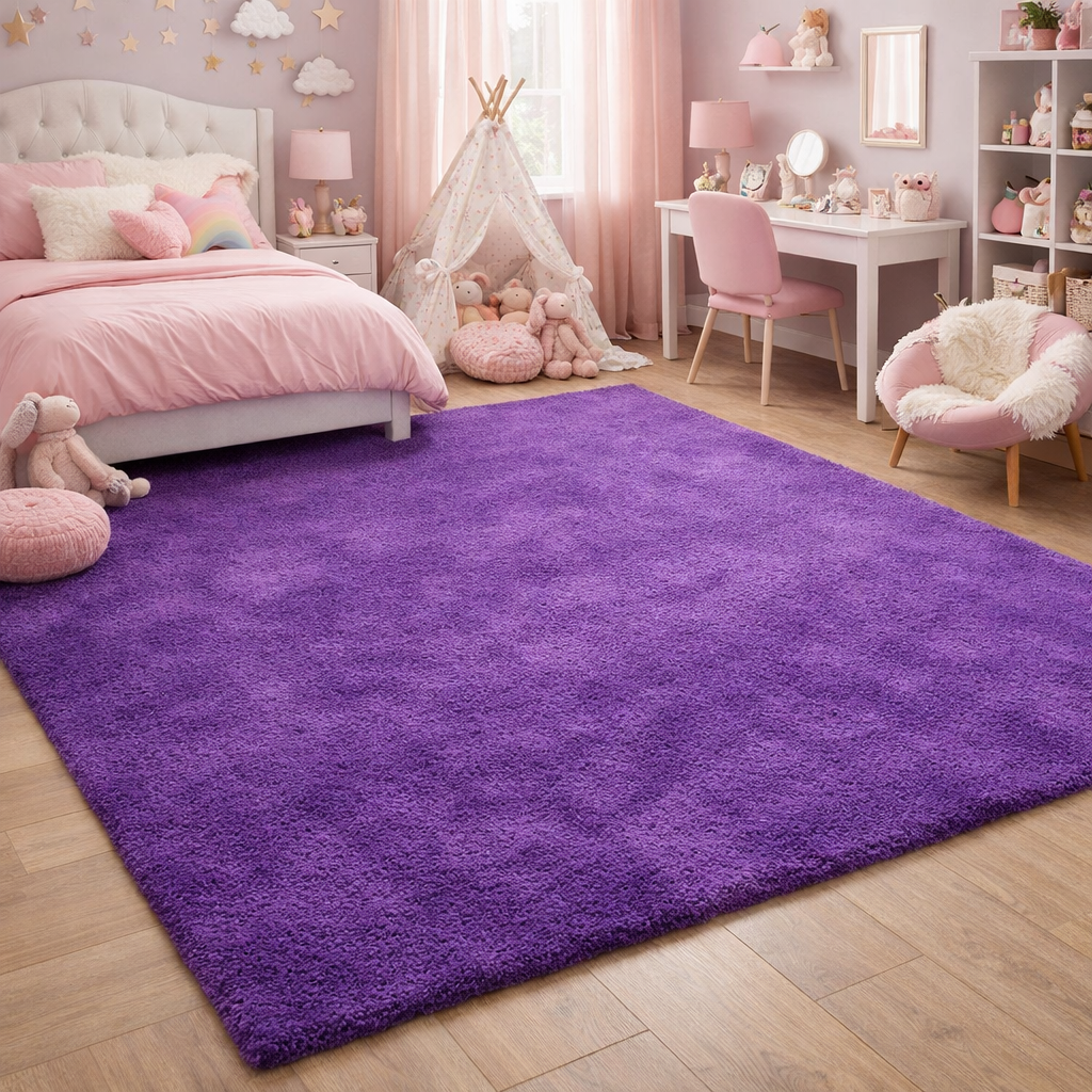 A cozy purple rug in a girls bedroom with pink decor